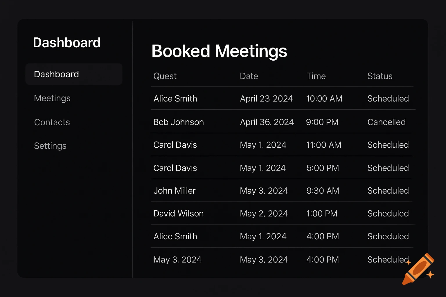 Dark mode UI dashboard displaying a list of booked meetings.