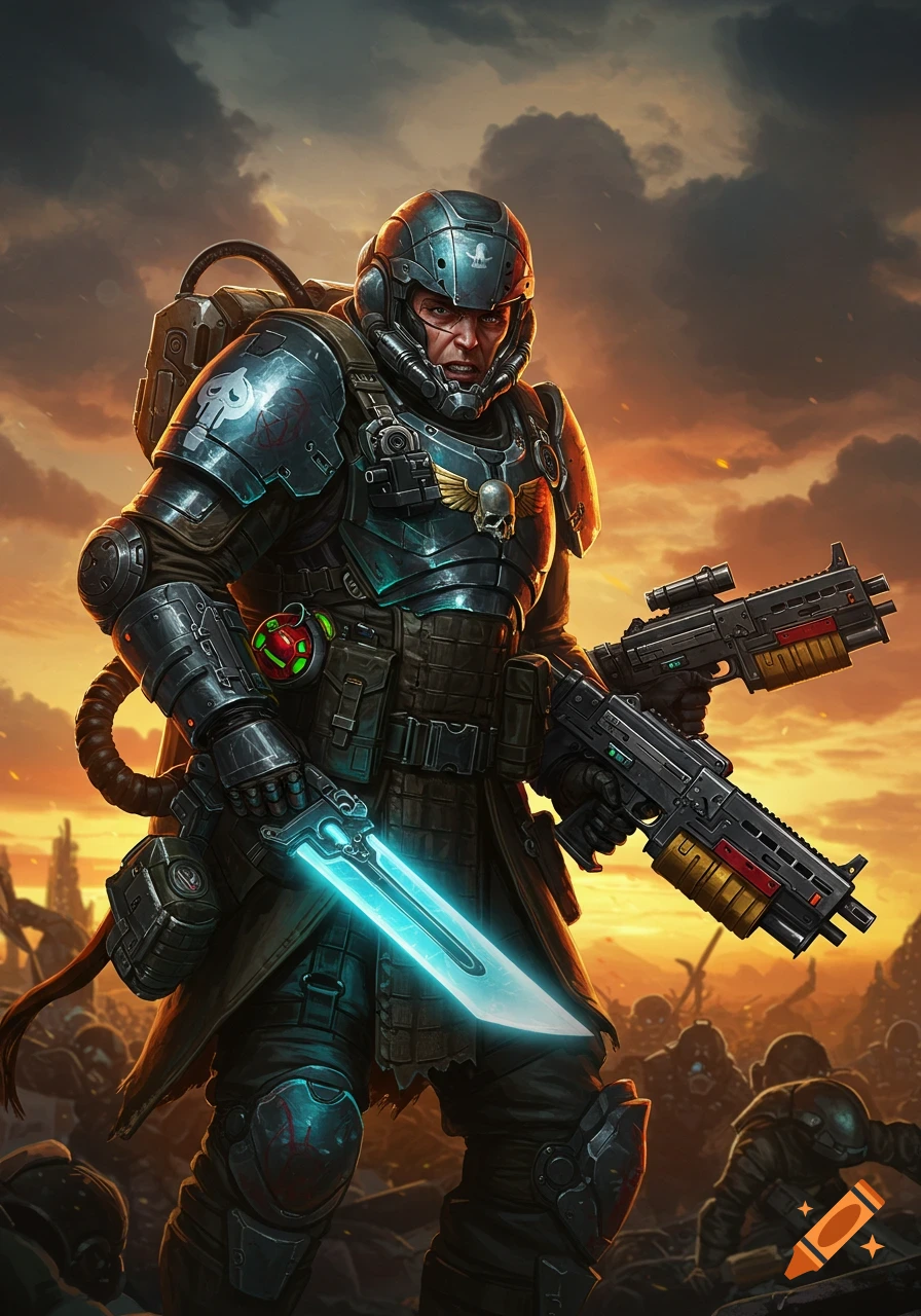 A heavily armored sci-fi soldier holds a glowing sword and a rifle against a battlefield sunset.