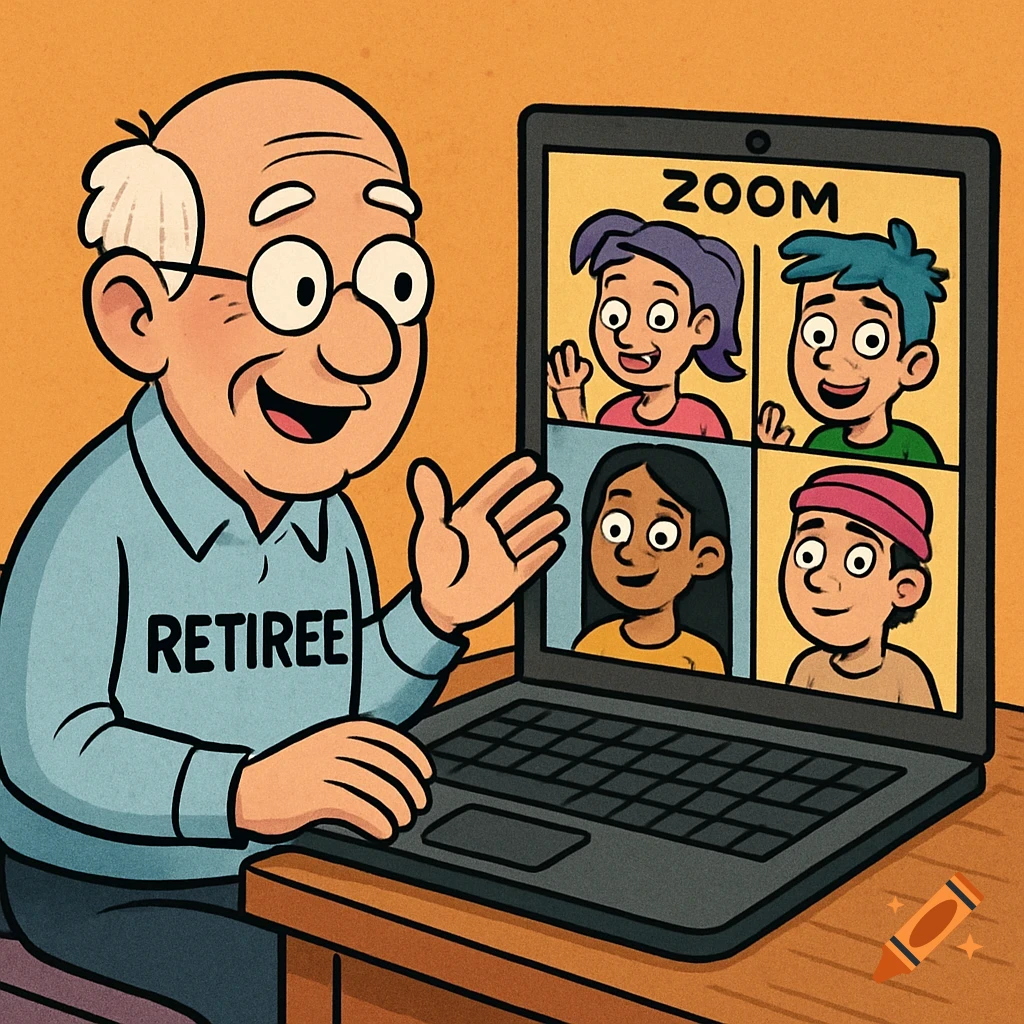 Cartoon of a retiree waving at a Zoom call with four kids on a laptop.