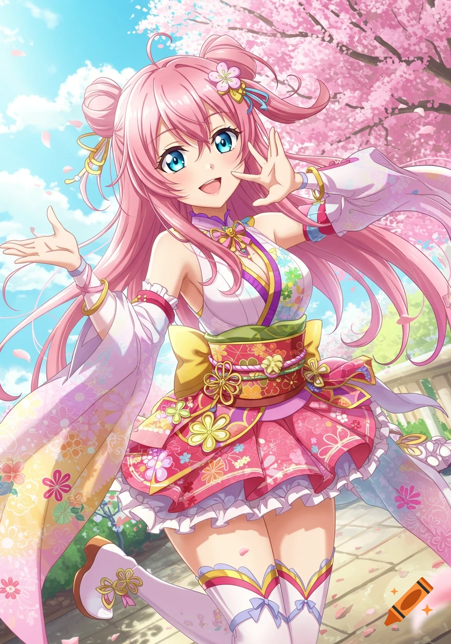 Happy anime girl with pink hair under cherry blossoms