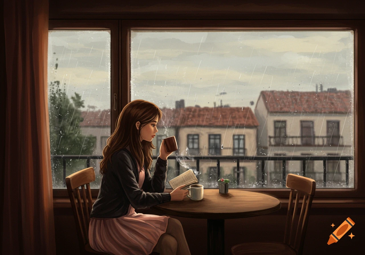 Illustrated scene of a woman reading and drinking coffee by a window during a rain shower.