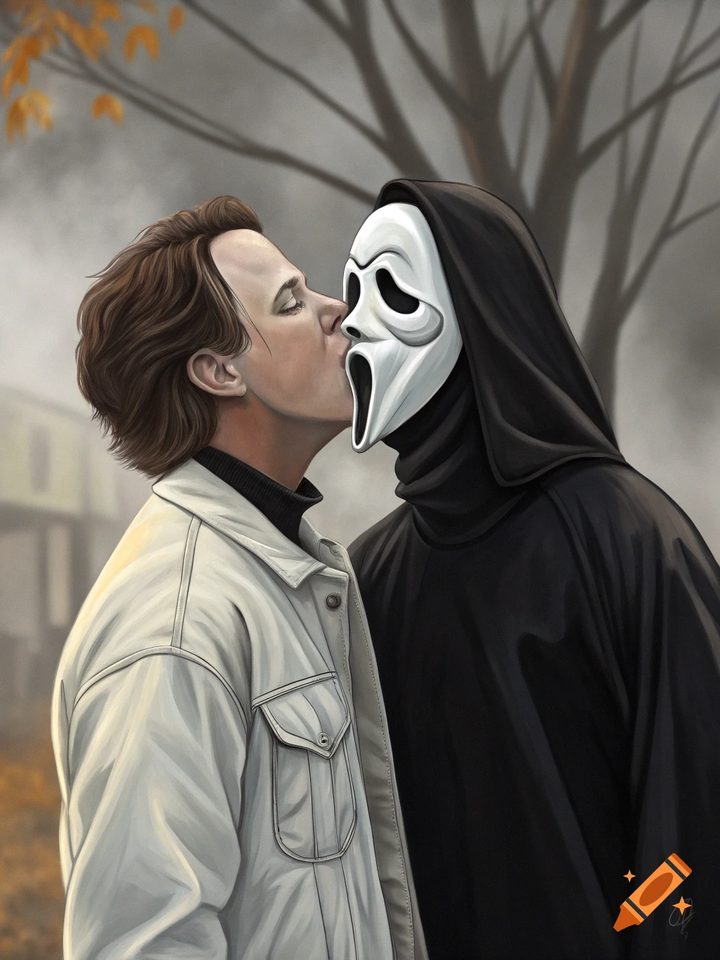 Illustration of a person kissing Ghostface from Scream.