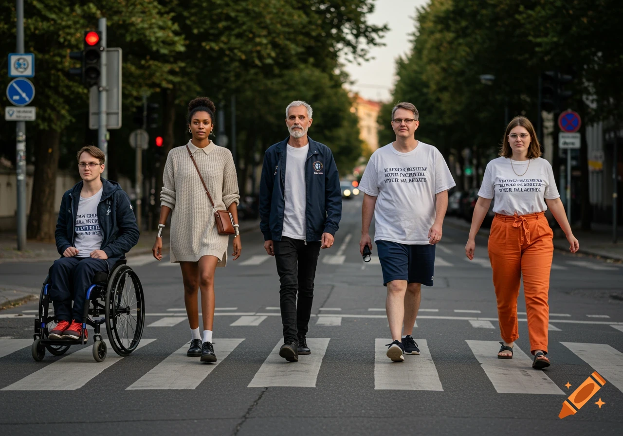 Diverse group of five people including a wheelchair user walk across a city street crosswalk, photorealistic style.