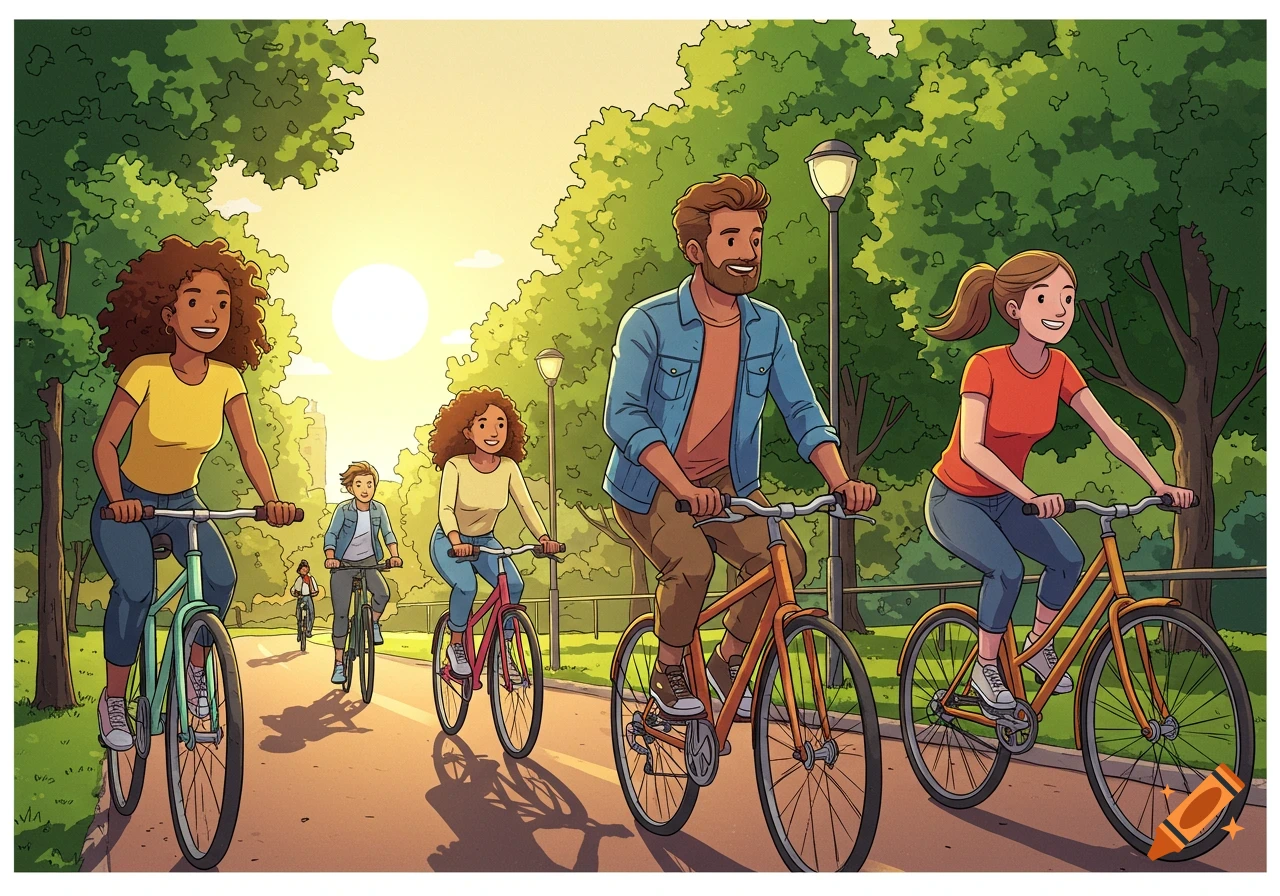 Cartoon illustration of people riding bikes on a park path.