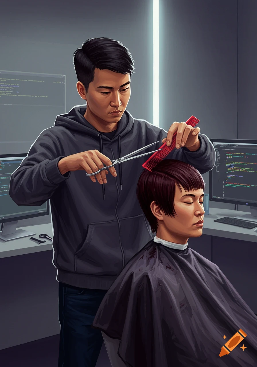 A computer programmer gives someone a haircut in an office with computer monitors.