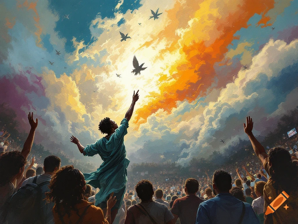 A crowd of people with raised hands looks up at a dramatic, colorful sky with birds in a painterly style.