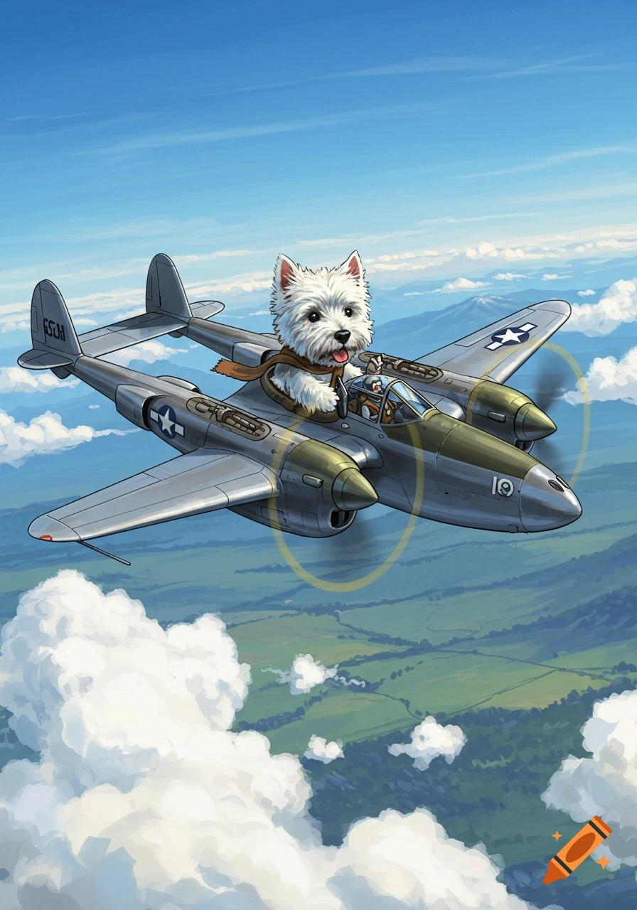 An illustration of a Westie dog flying a P-38 airplane through the clouds.