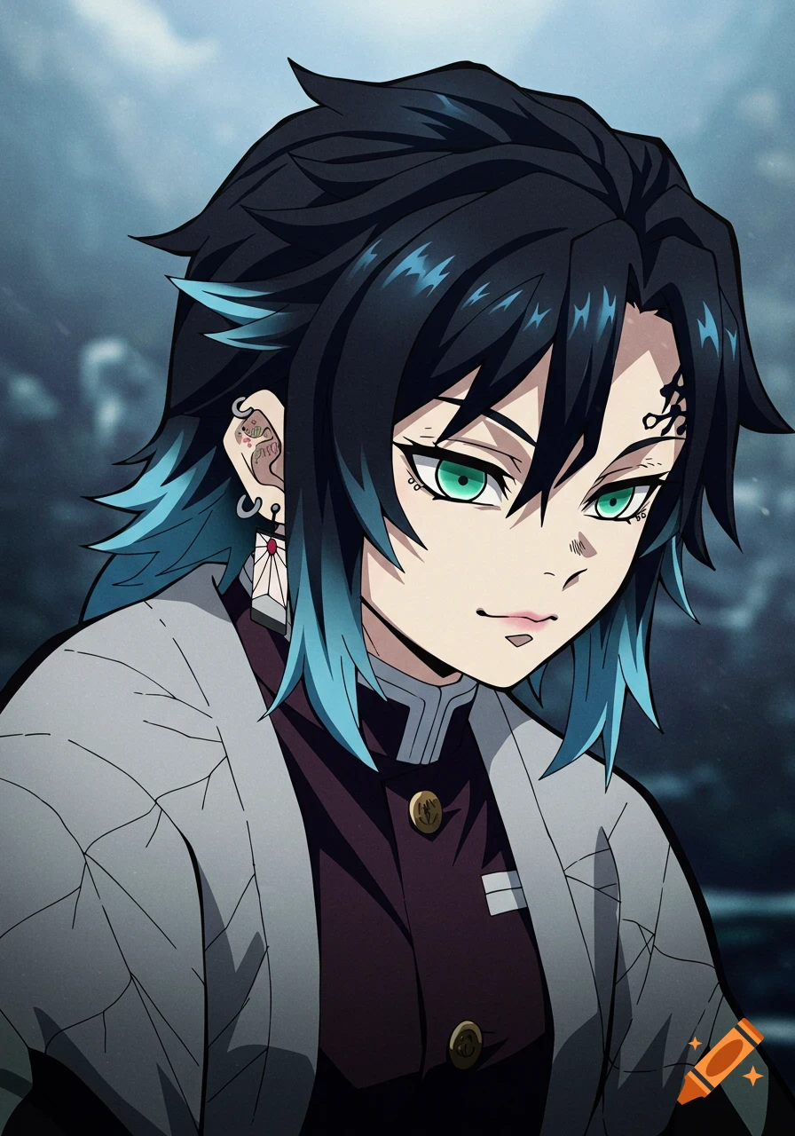 Anime portrait of a character with black and blue ombre hair, green eyes, and ear piercings in a grey and maroon uniform.