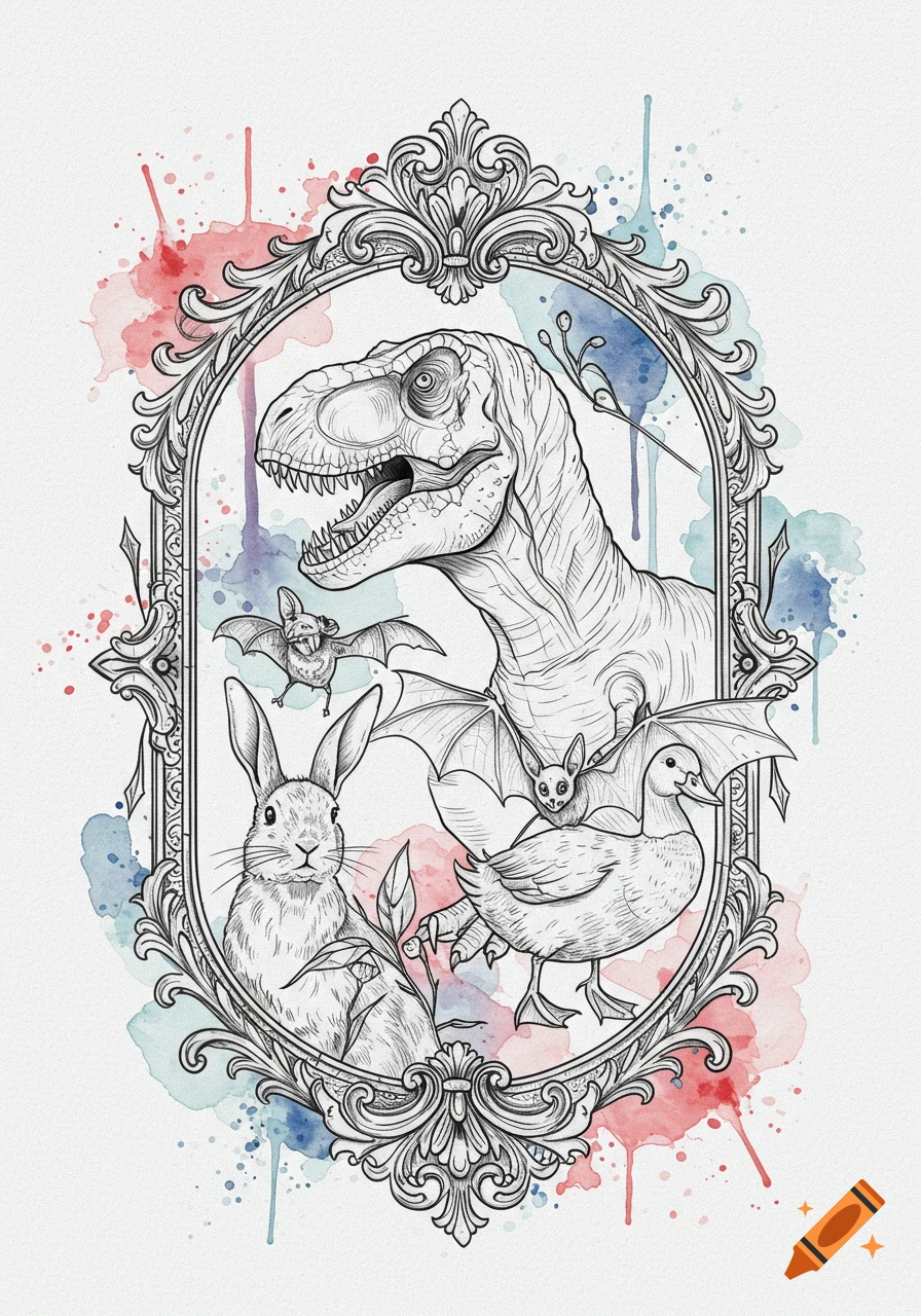 Line art illustration of a T-Rex, bunny, bat, and duck in a gothic frame with watercolor splashes.