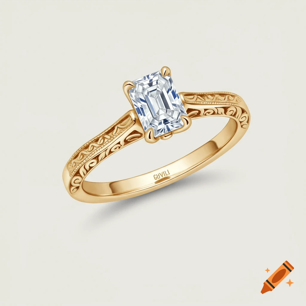 A gold engagement ring with an emerald cut diamond and engraved band.