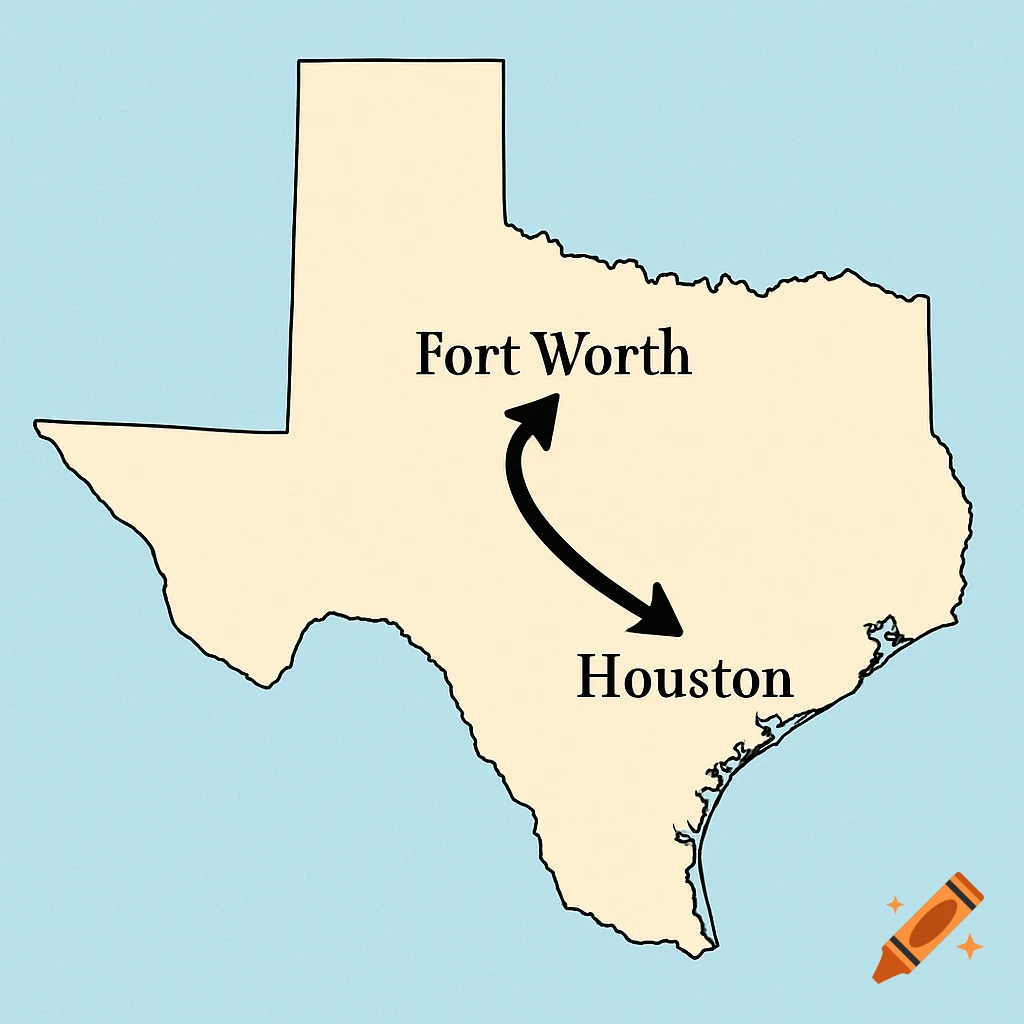 Map of Texas with an arrow from Fort Worth to Houston.
