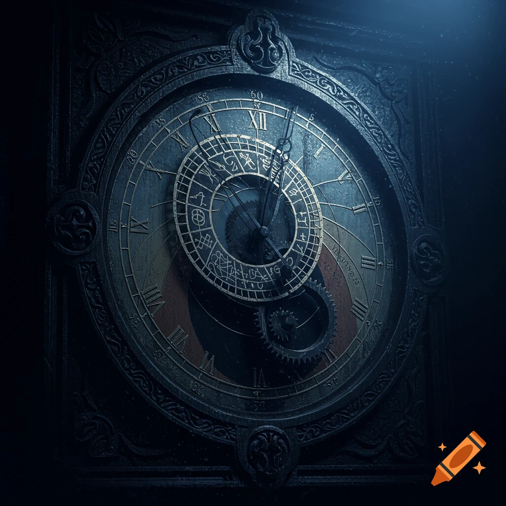 Close up of an intricate, dark antique astronomical clock face.
