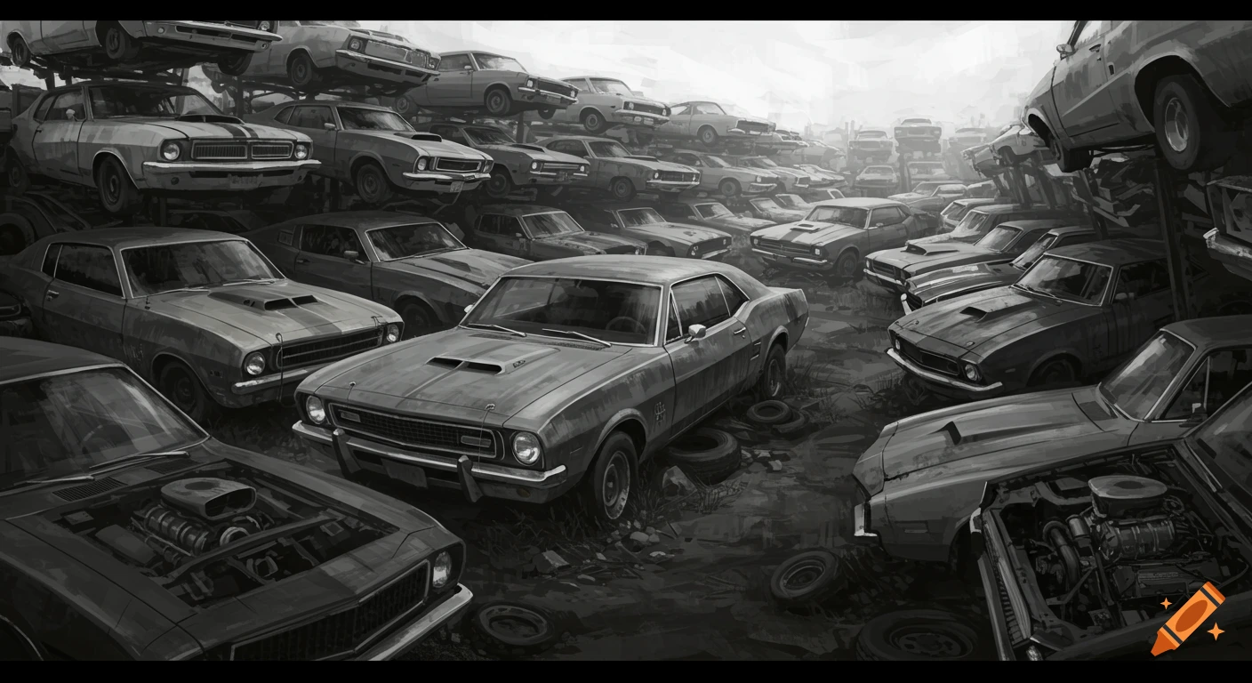 Black and white illustration of a junkyard packed with classic muscle cars.
