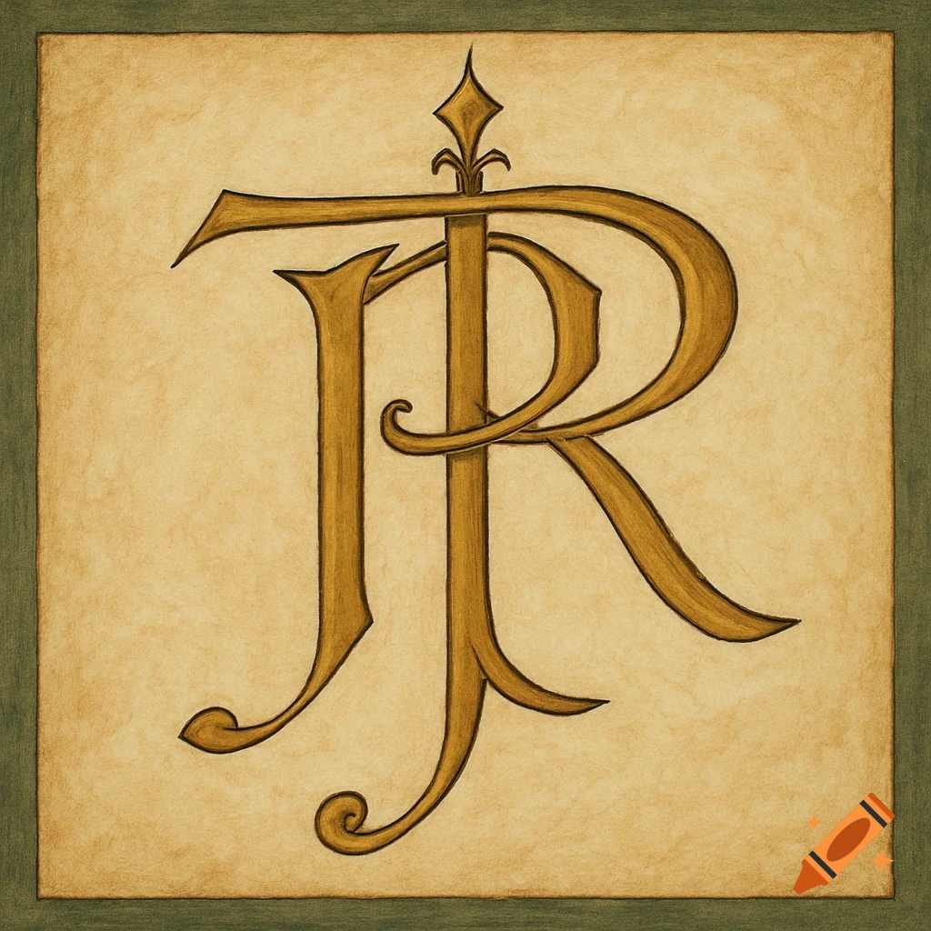 A gold, stylized monogram intertwining J, P, and R on parchment, reminiscent of fantasy art.