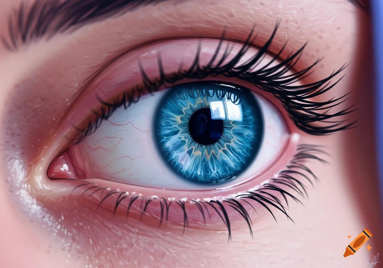 Close up illustration of a blue eye with long lashes.