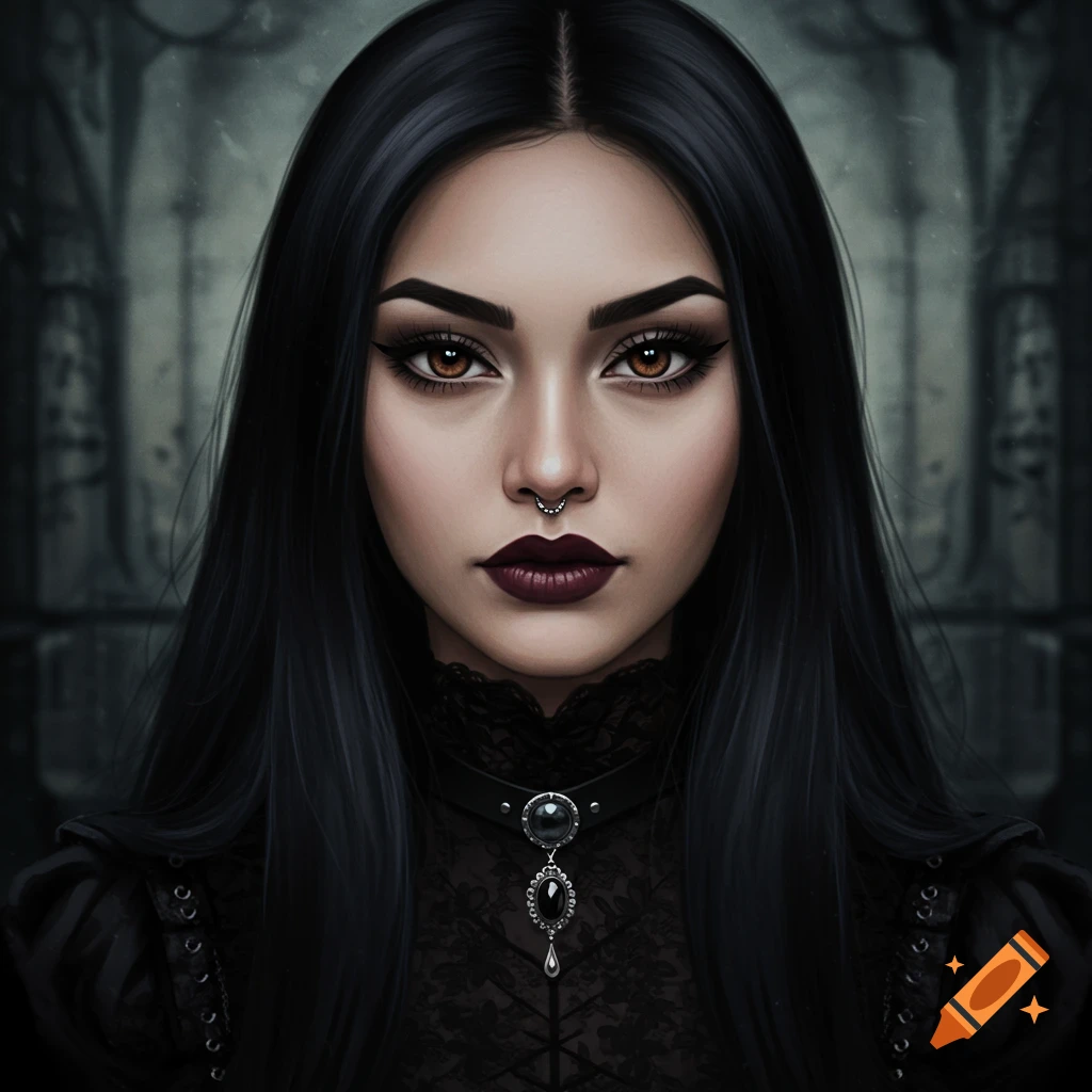 Realistic portrait of a woman with black hair, dark makeup, and gothic clothing.