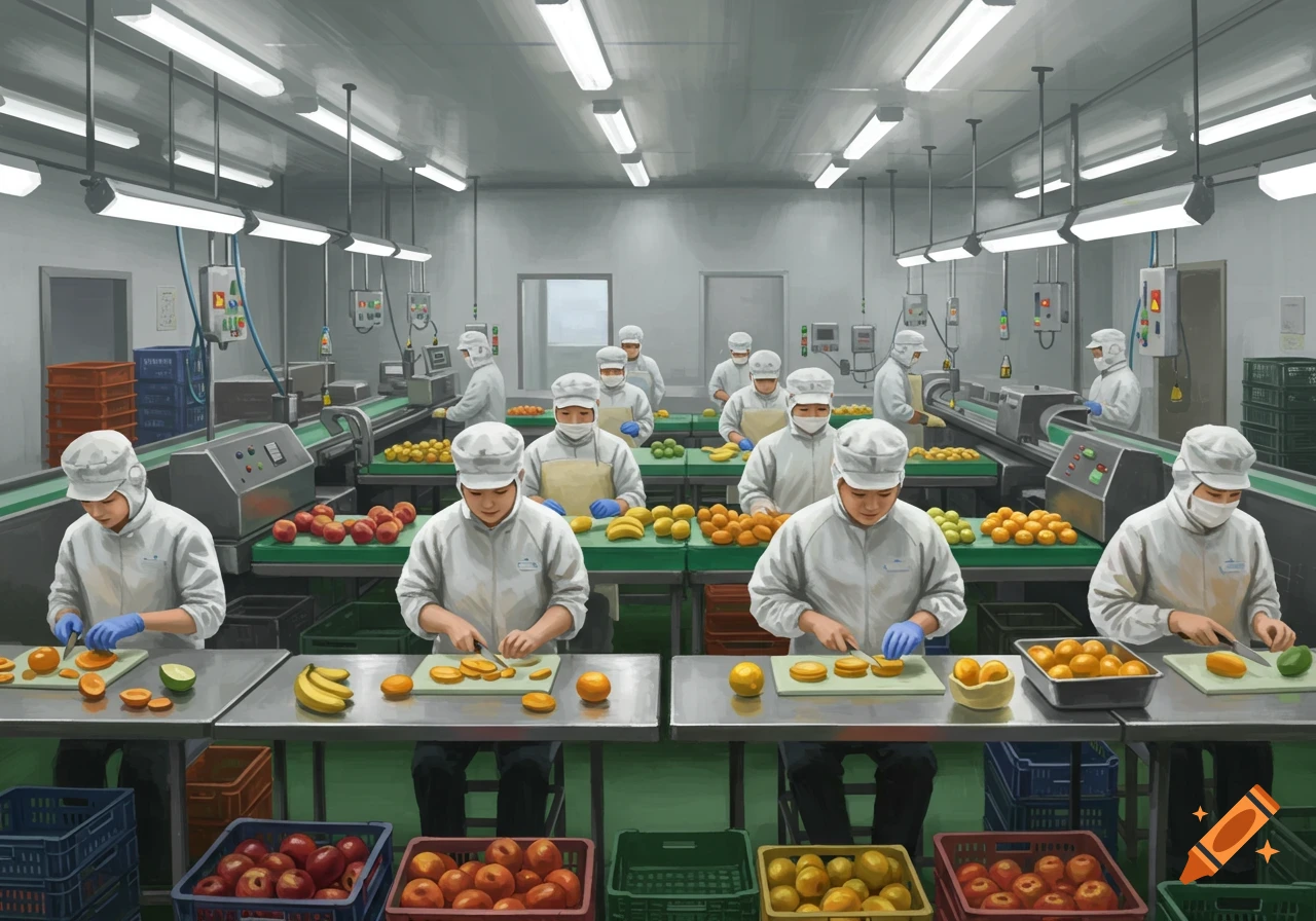 Workers in a food processing factory cutting fruit on conveyor belts.
