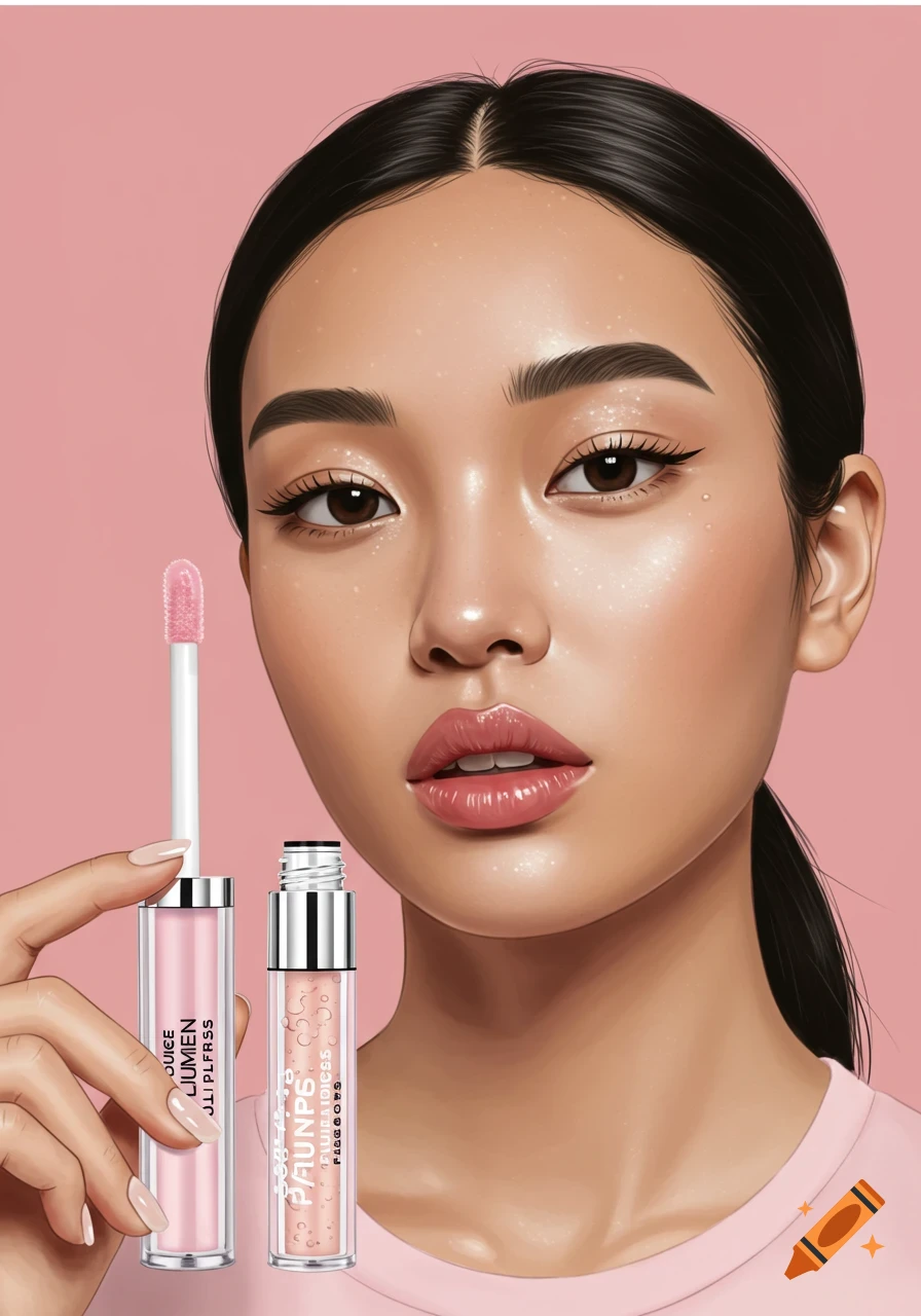 Stylized illustration of a woman holding pink lip gloss