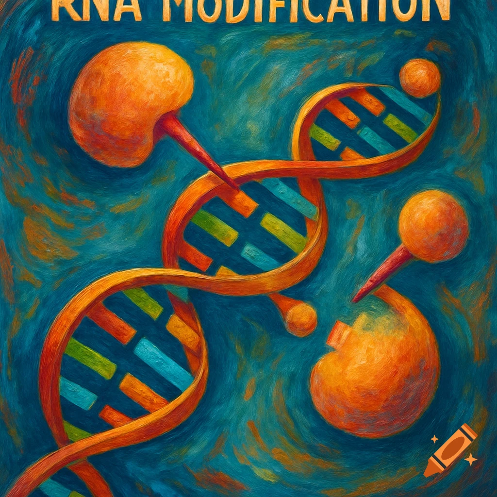 Painting of a DNA helix and abstract shapes related to biology, with text 'RNA MODIFICATION'
