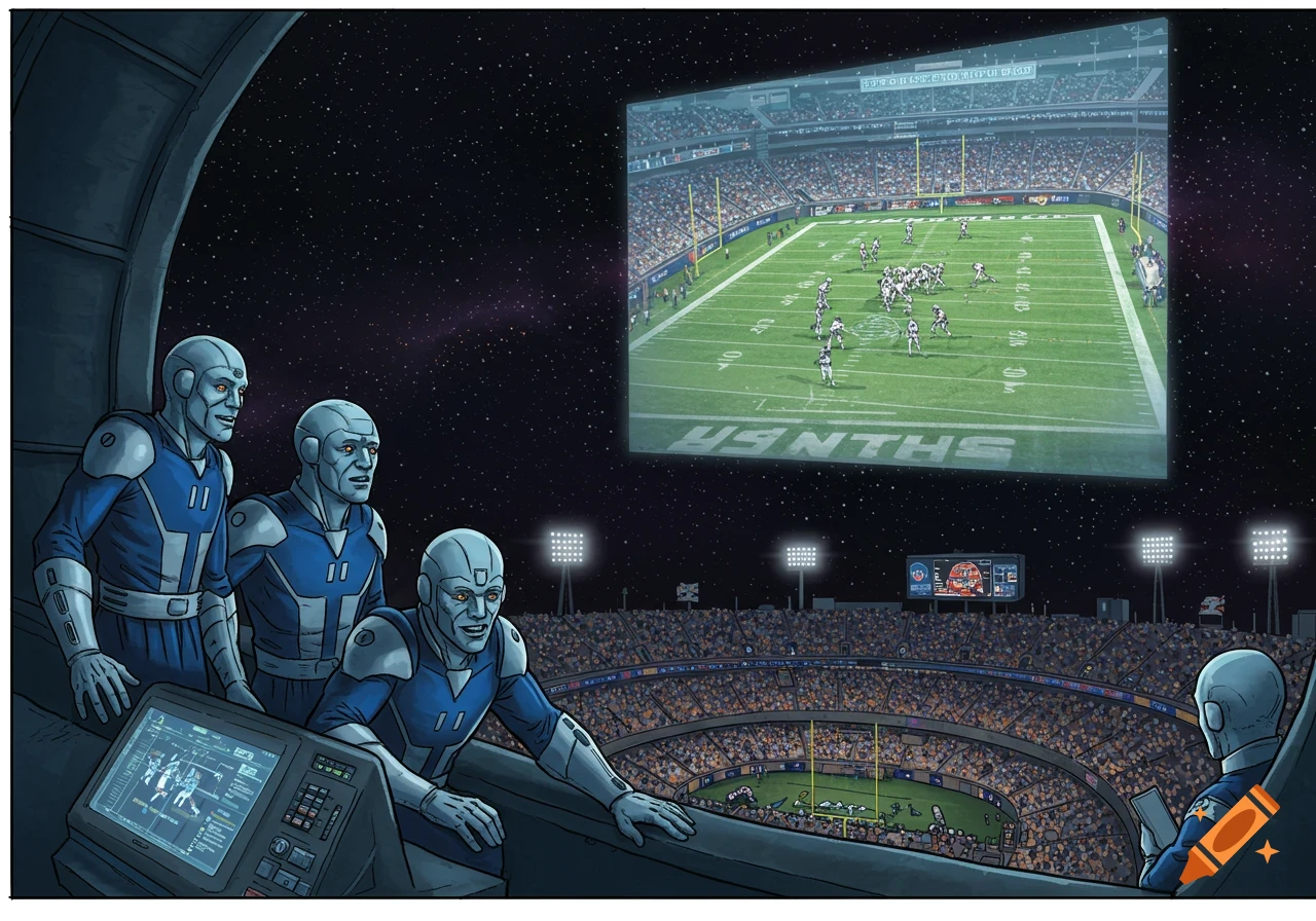 Three aliens in a spaceship watch a projected football game with a stadium in space, comic book style.