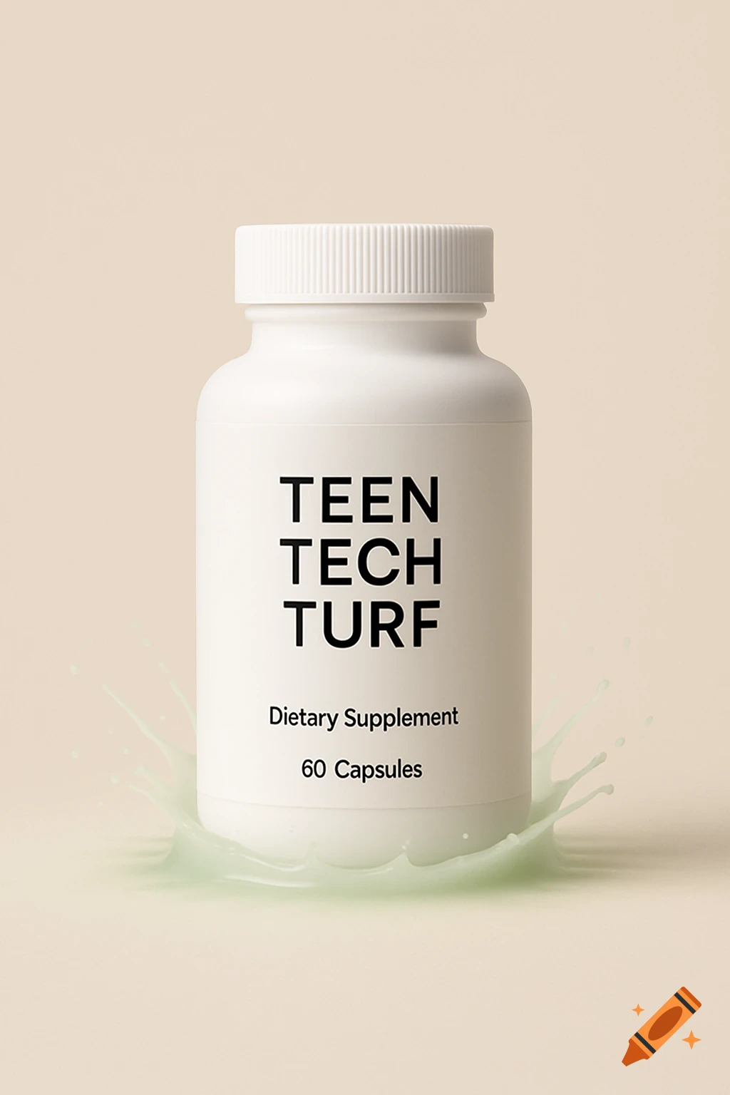 A white bottle labeled "Teen Tech Turf Dietary Supplement 60 Capsules" sits on a light background with a green splash effect around the base.