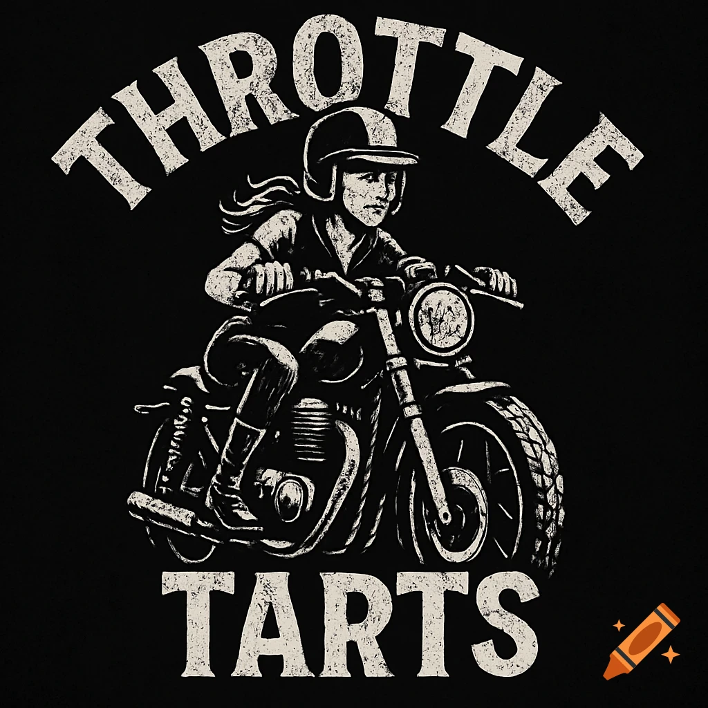 Grunge graphic of a woman riding a motorcycle with the text 'THROTTLE TARTS'.