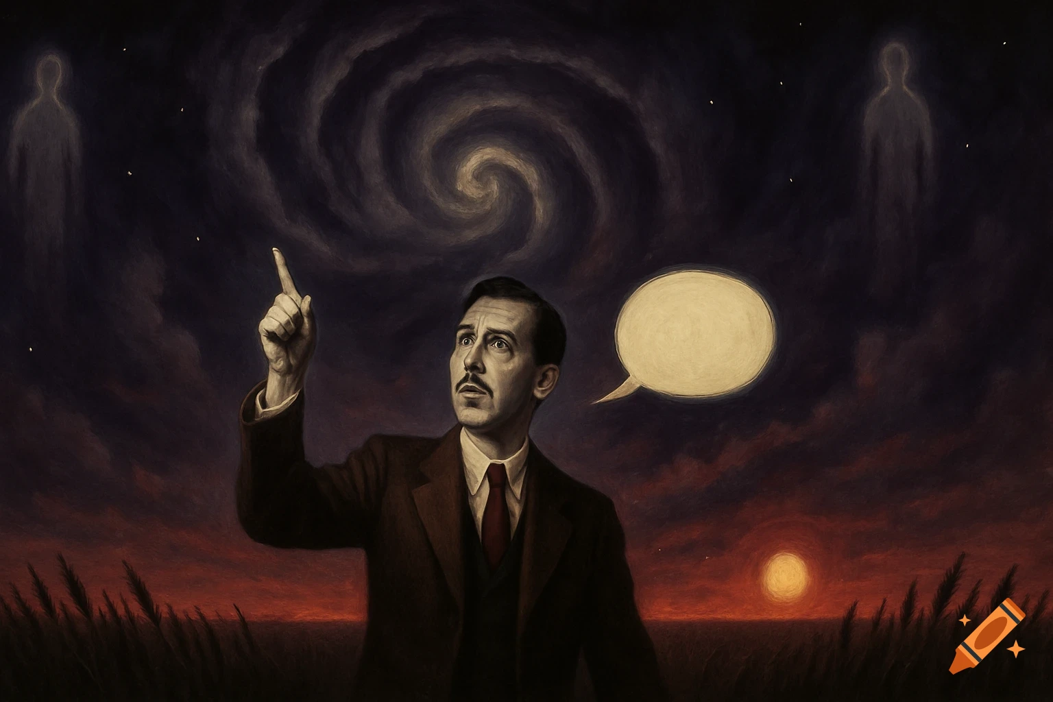 A man in a suit points up at a swirling cosmic sky with swirling clouds and floating figures, next to an empty speech bubble.