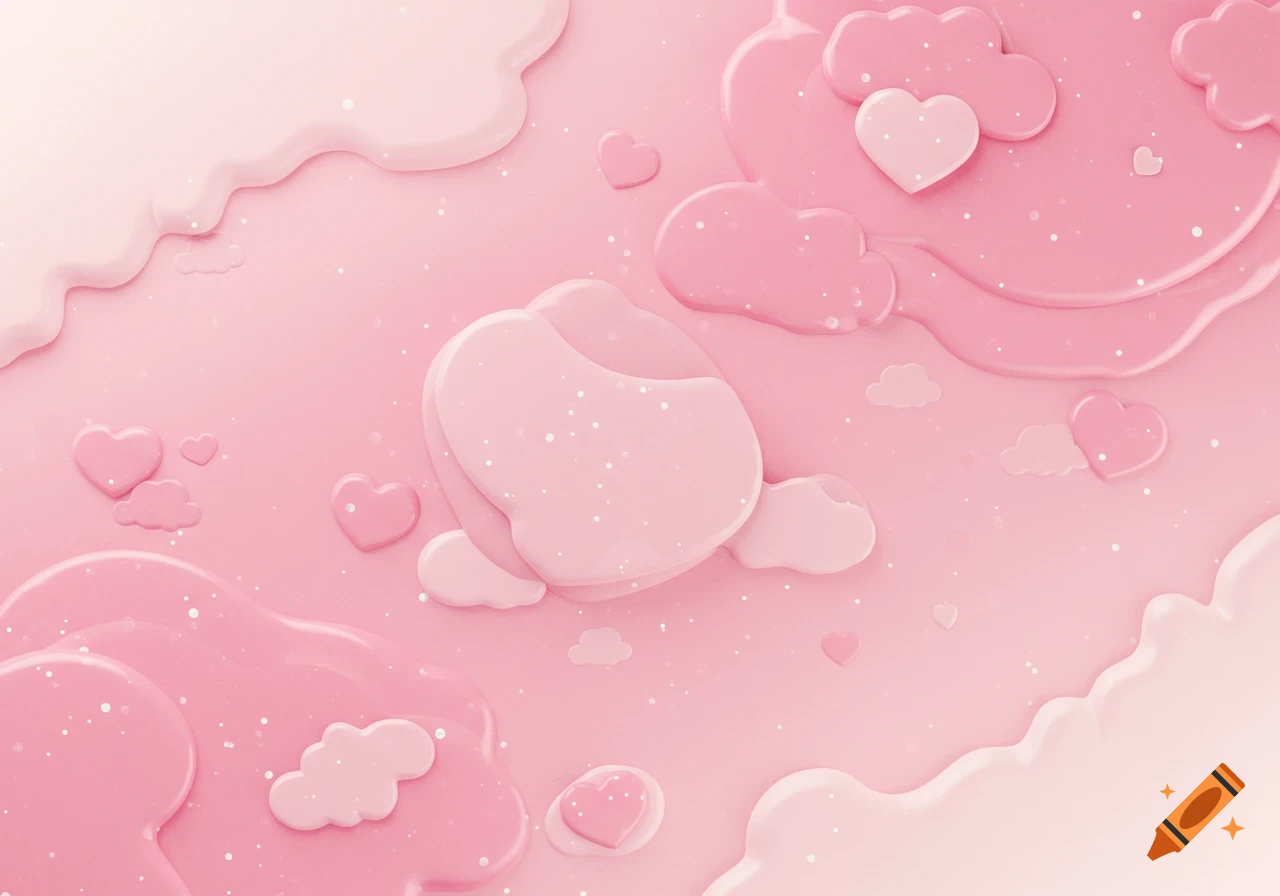 3D rendering of pink hearts and swirling clouds on a pink background.