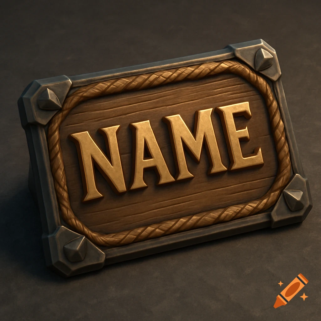 A 3D rendered image of a detailed wooden nameplate with metal corner accents and a rope border, featuring the gold text "NAME" in raised letters.