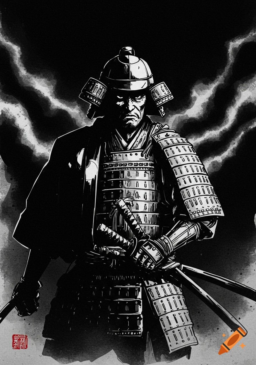 A dramatic black and white drawing of a samurai in shadow.