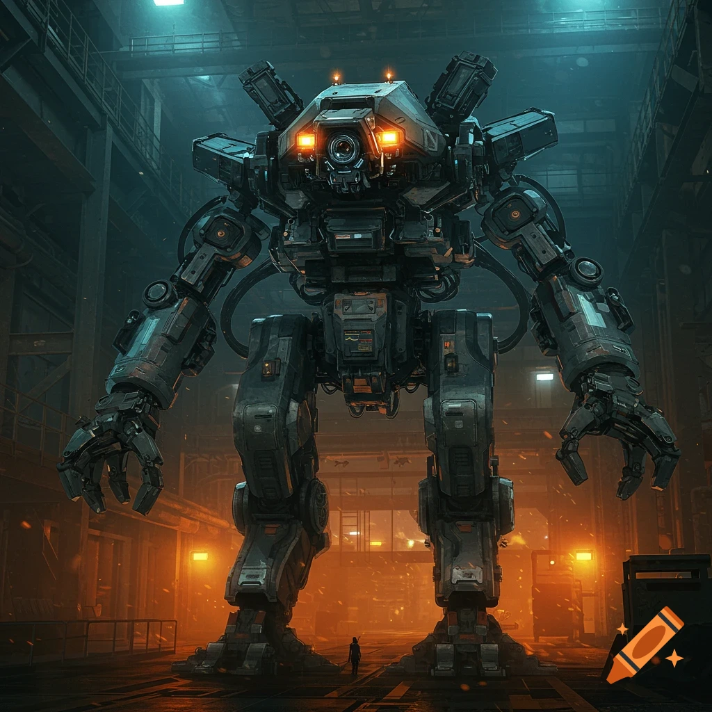 Large sci-fi robot stands in a dusty industrial facility with a small figure below.