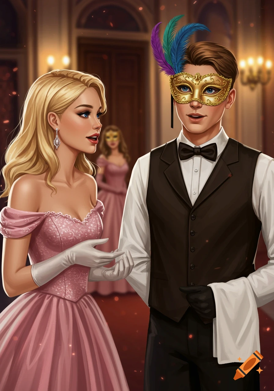 Stylized illustration of a man in a vest and feathered mask talking to a woman in a pink gown and gloves at a masquerade ball.