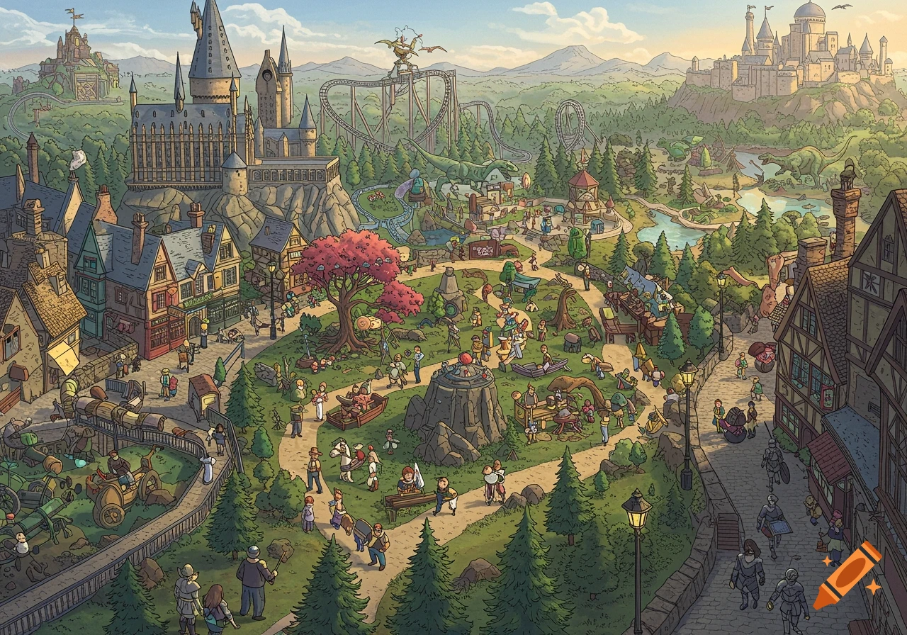 Detailed illustration of a fantasy theme park with a castle, rides, and many people.