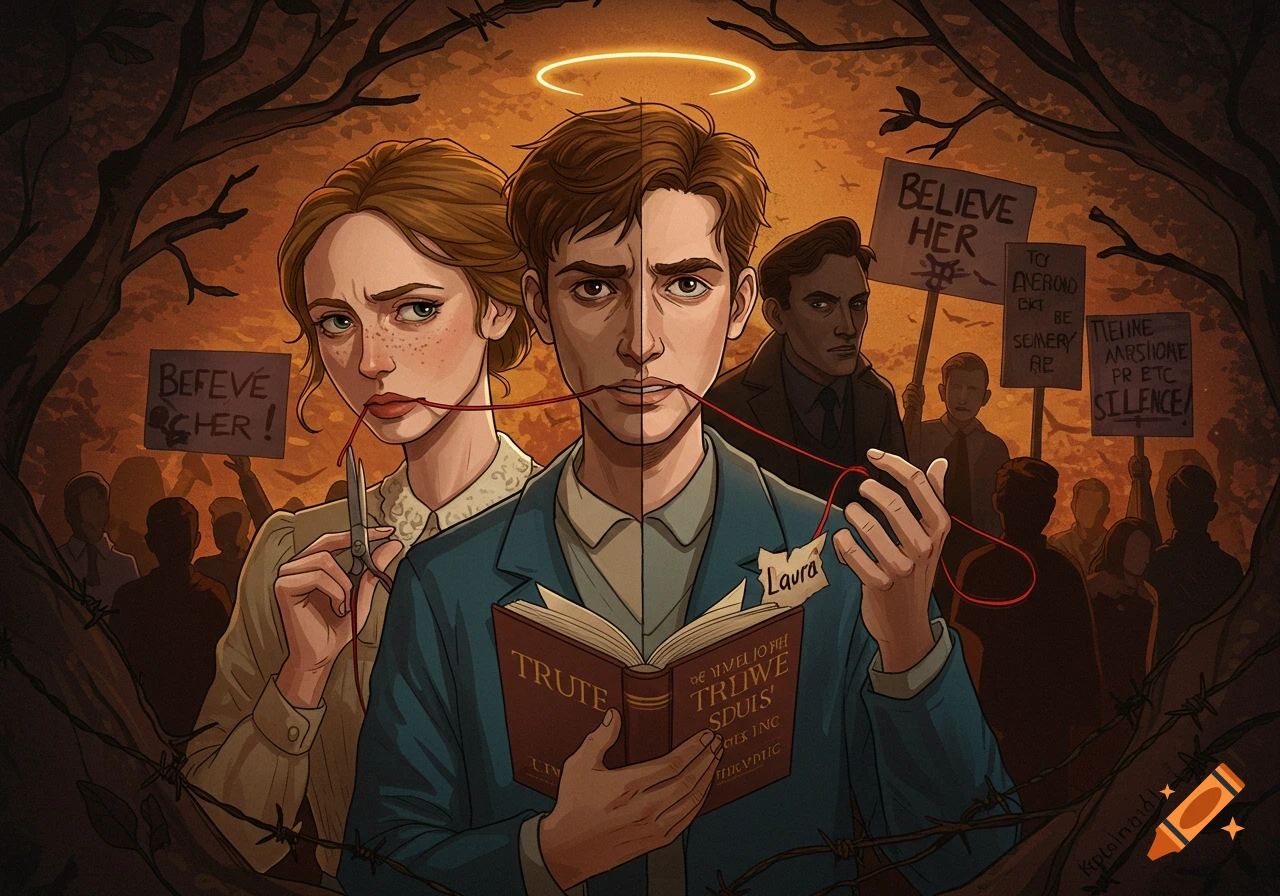 Stylized illustration of a woman cutting a red thread from her mouth and a man holding a book, with protest signs and shadowed figures in the background.