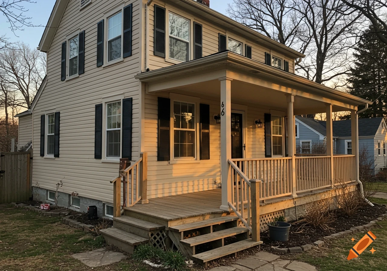 Beige house with black shutters and a wooden porch with stairs