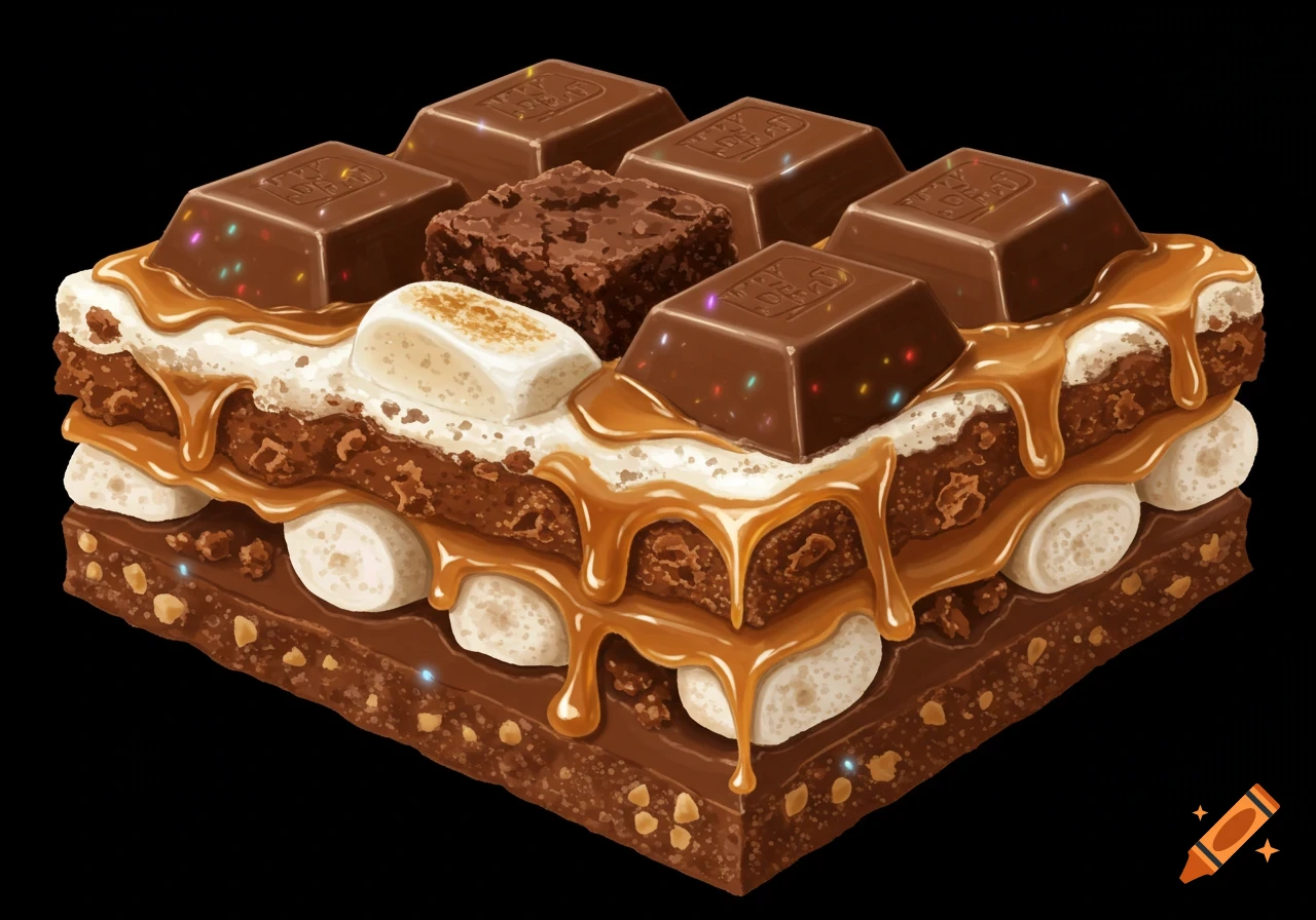 A close-up view of a rich dessert bar stacked with layers of brownie, marshmallow, chocolate, and dripping caramel.