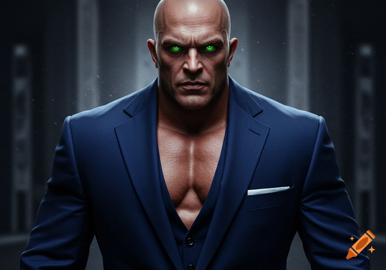 Close-up portrait of a muscular man in a blue suit with glowing green eyes.