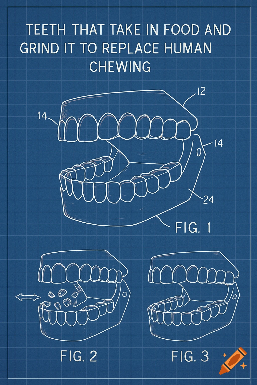 Blueprint diagram showing different views of teeth and how they grind food.