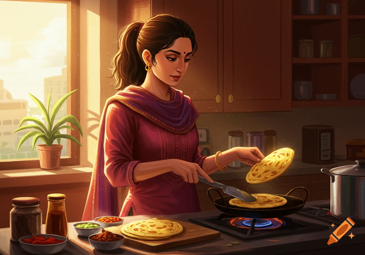 An illustration of a woman cooking in a kitchen, flipping paratha on a pan.