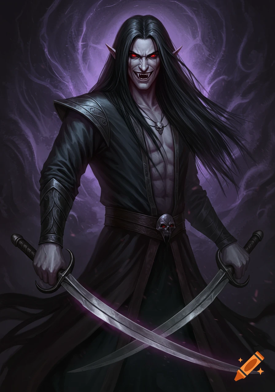 A dark fantasy portrait of a vampire with long black hair, red eyes, fangs, and bare chest holding two swords.