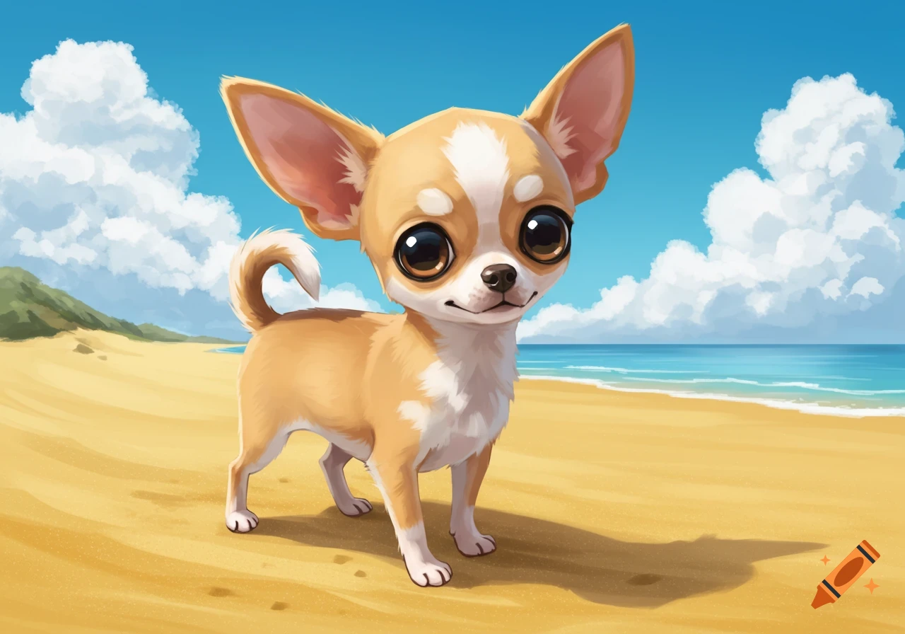 A cute chihuahua stands on a sandy beach.