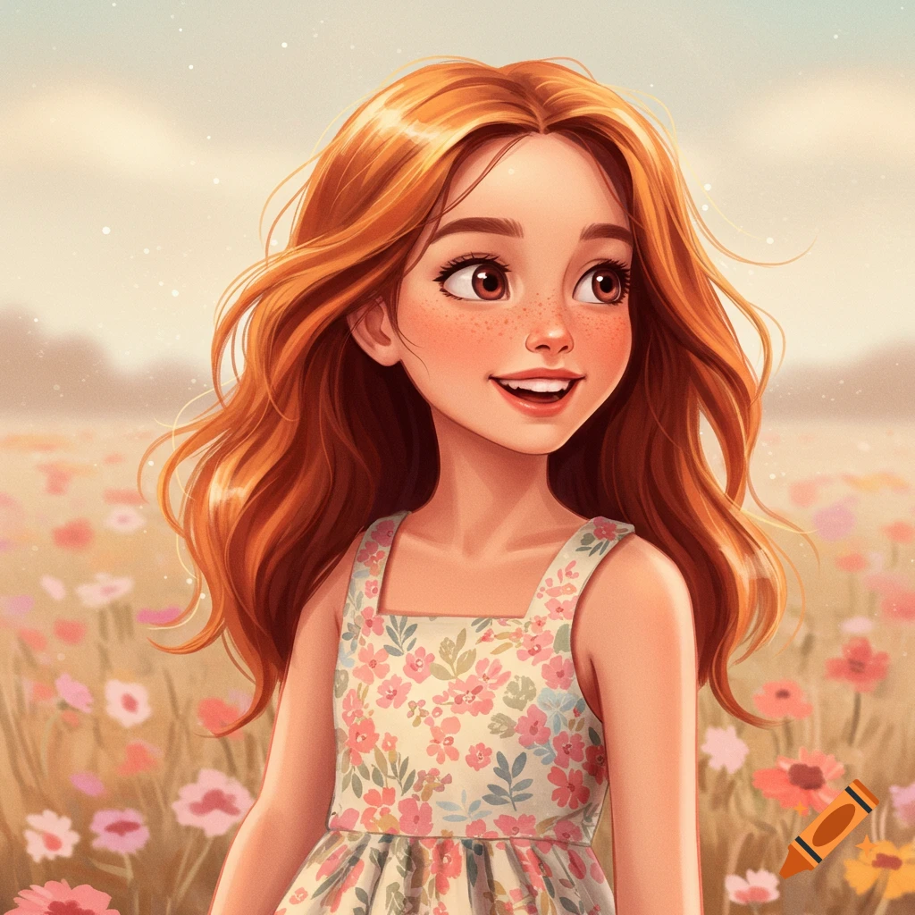 An illustration of a smiling girl with red hair and freckles standing in a field of flowers.