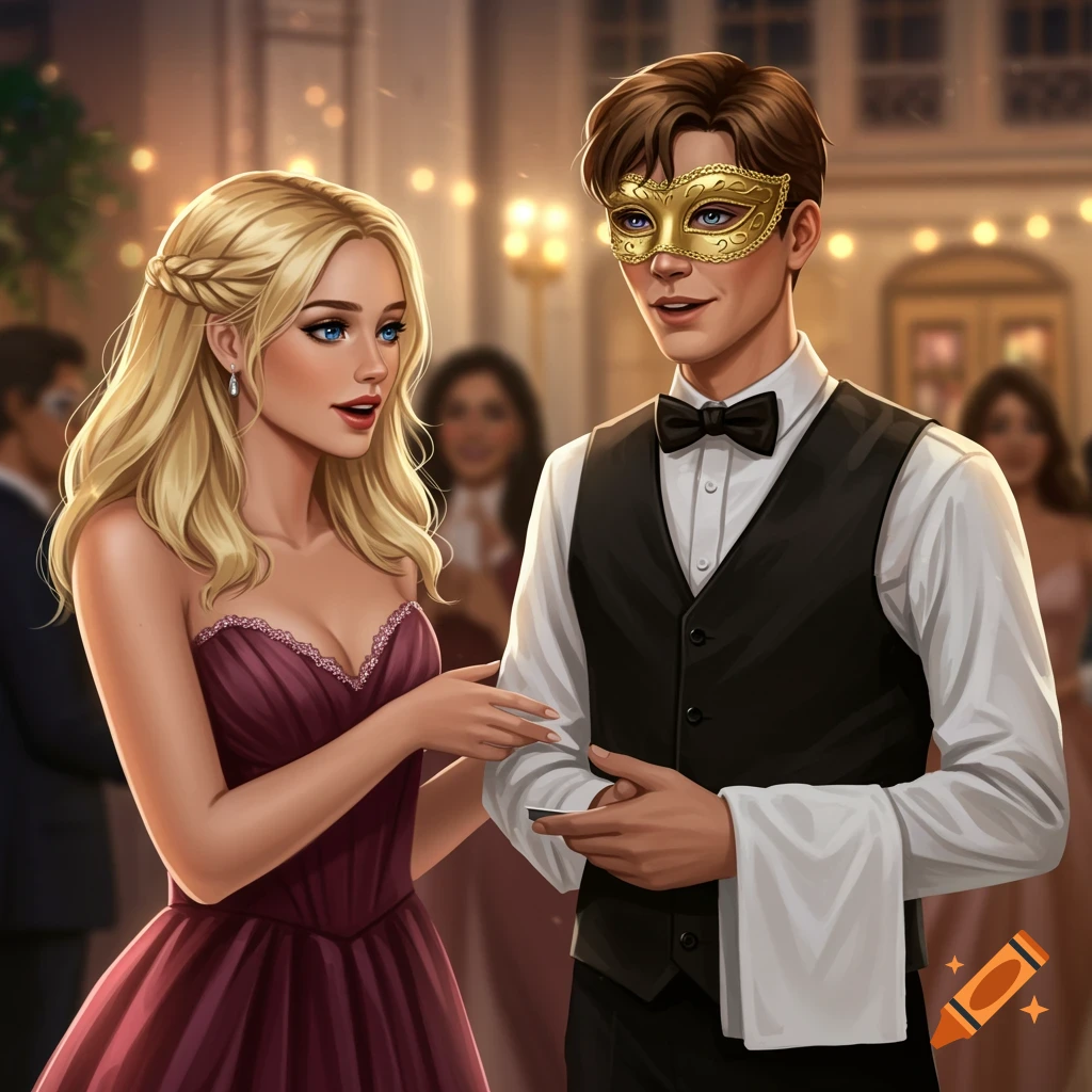 Illustration of a blonde woman in a dress talking to a man in a masquerade mask and server uniform at a ball.