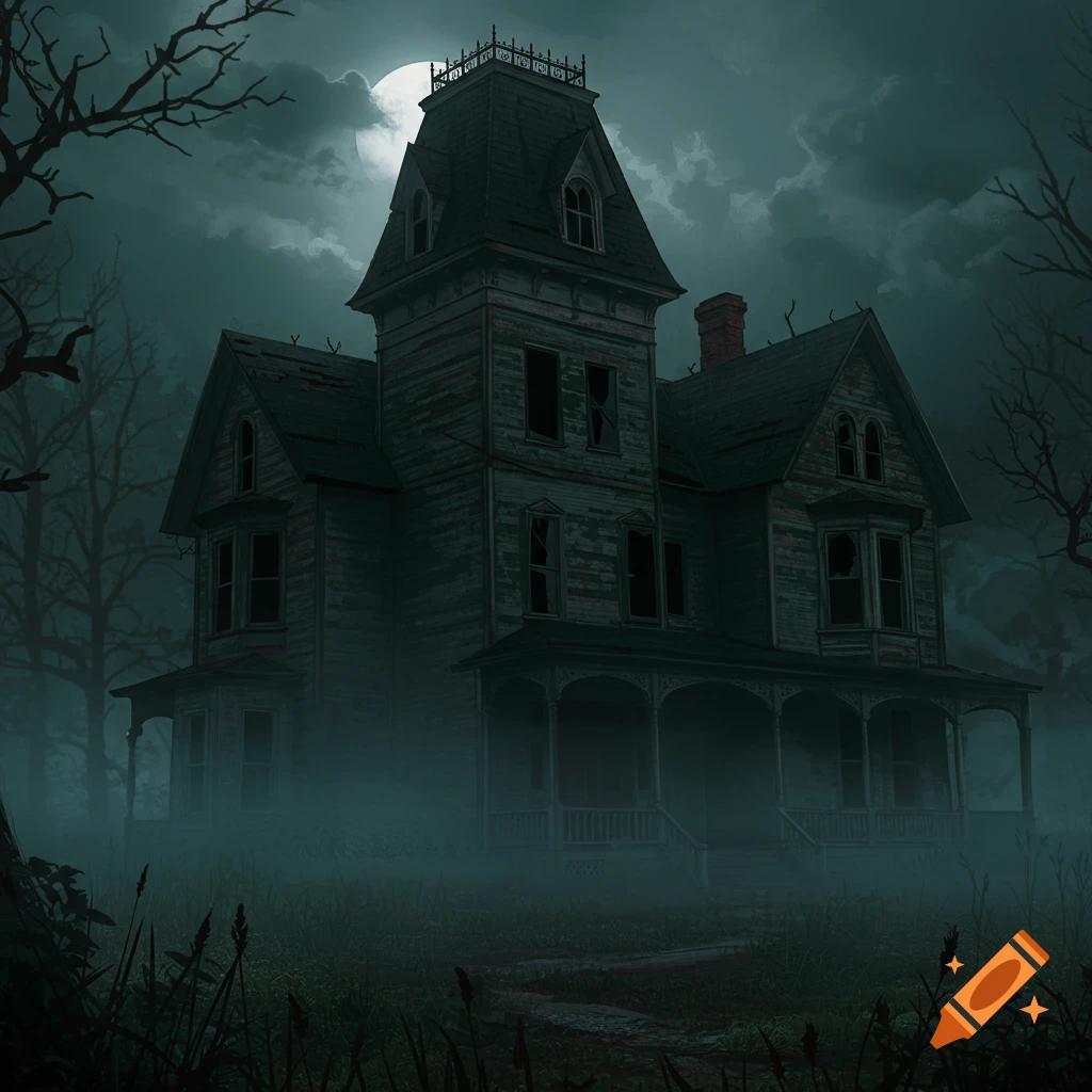 An old, creepy haunted house shrouded in fog under a full moon and stormy sky.