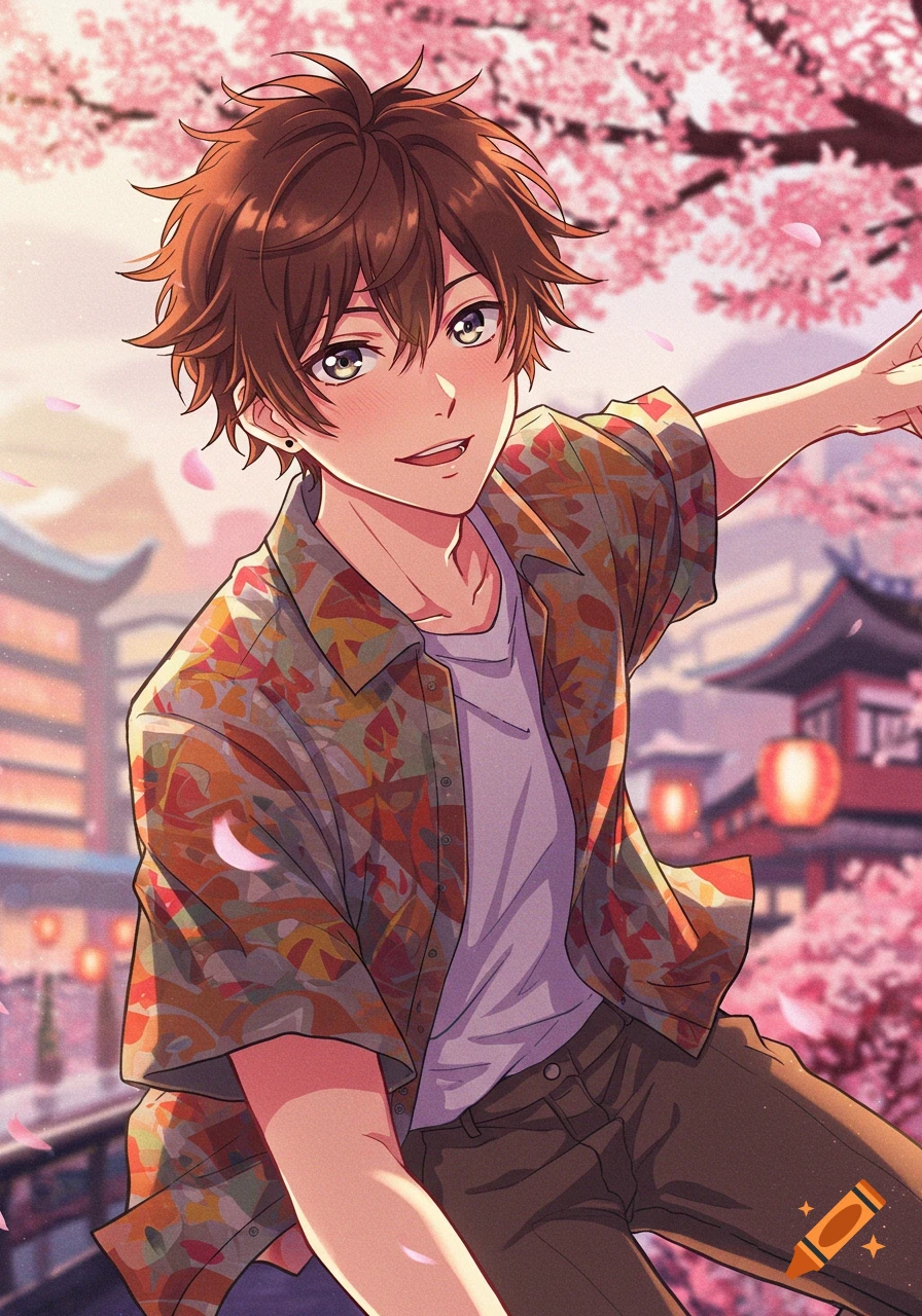 Anime boy with brown hair under cherry blossoms