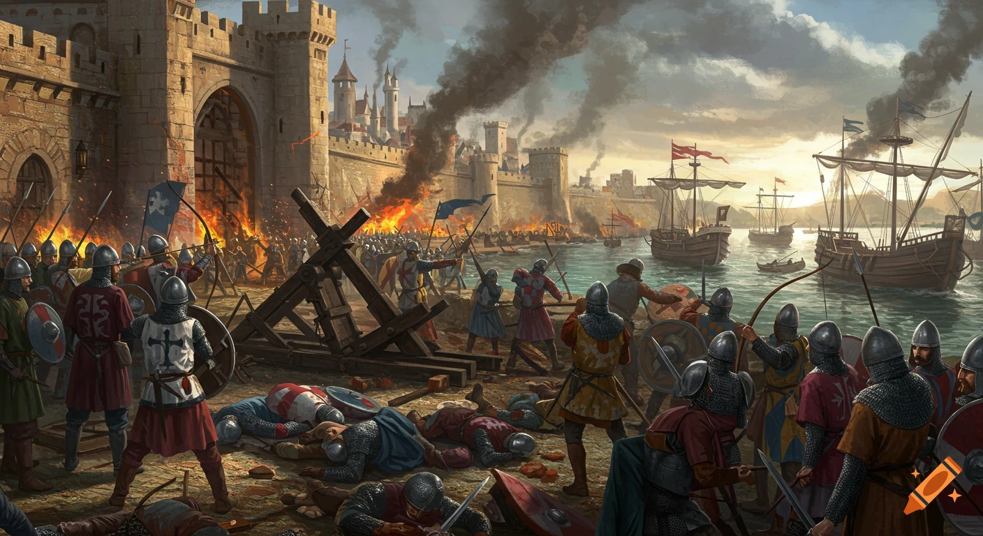 Medieval siege battle scene with soldiers fighting outside a burning coastal city gate, ships in the harbor.