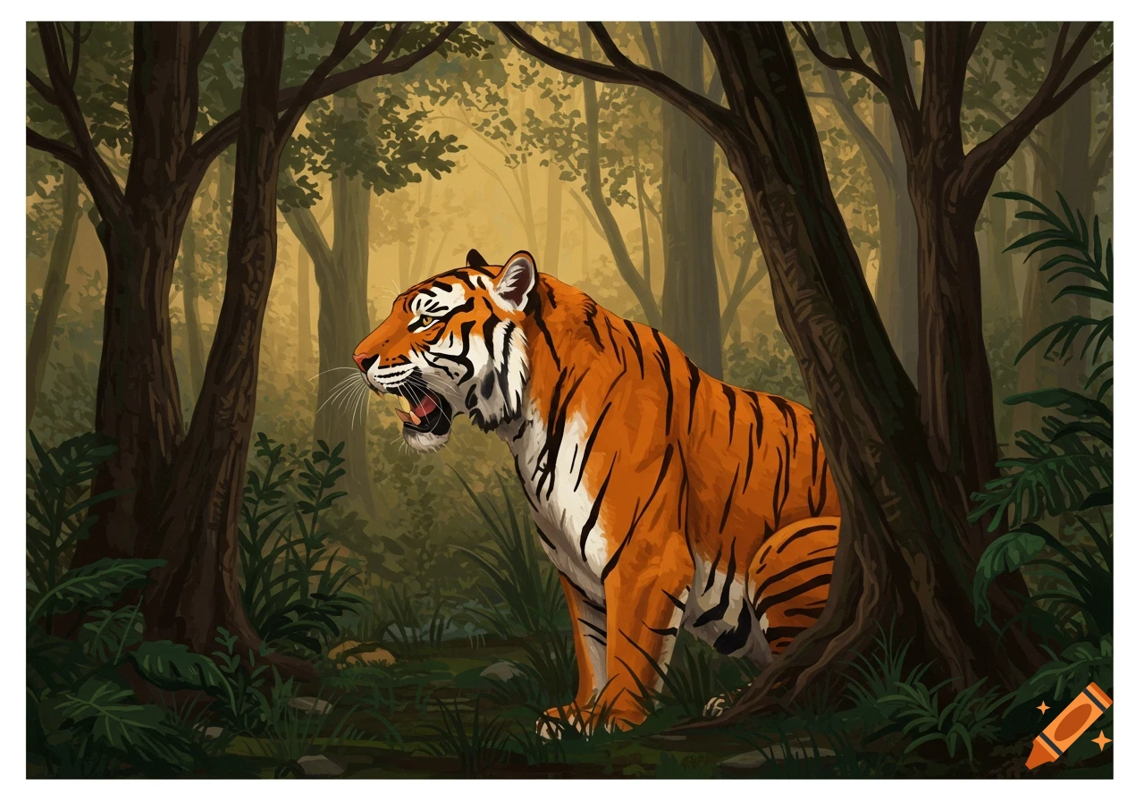 Illustration of a roaring tiger in a forest