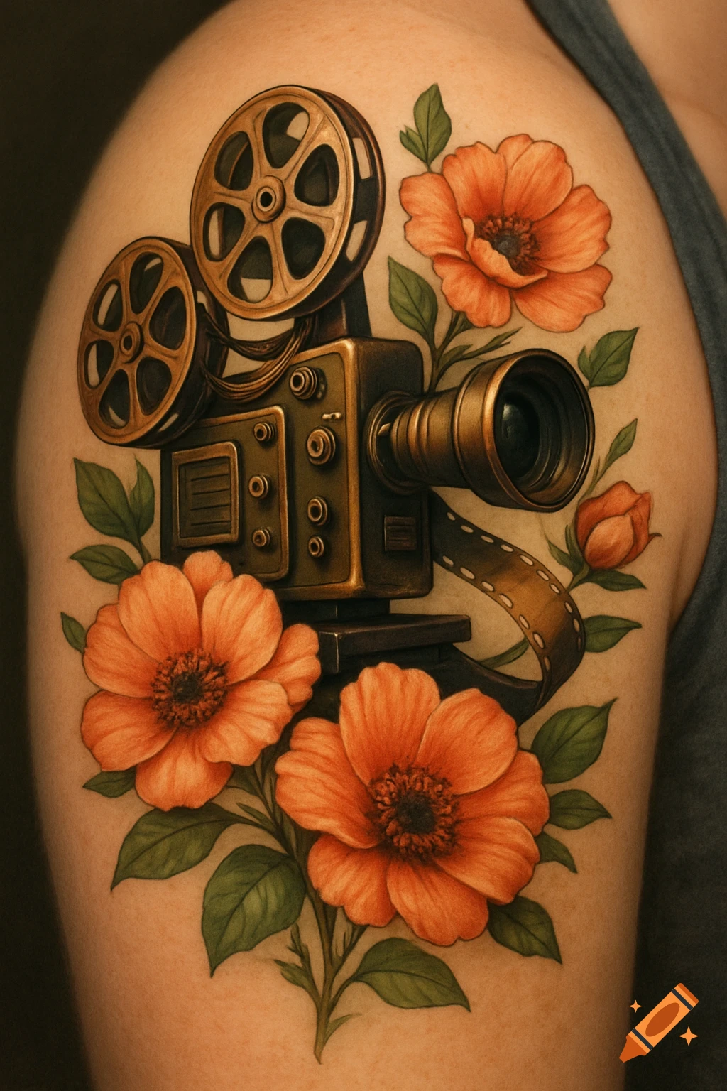 A tattoo of a vintage film projector surrounded by orange flowers and green leaves on an arm.