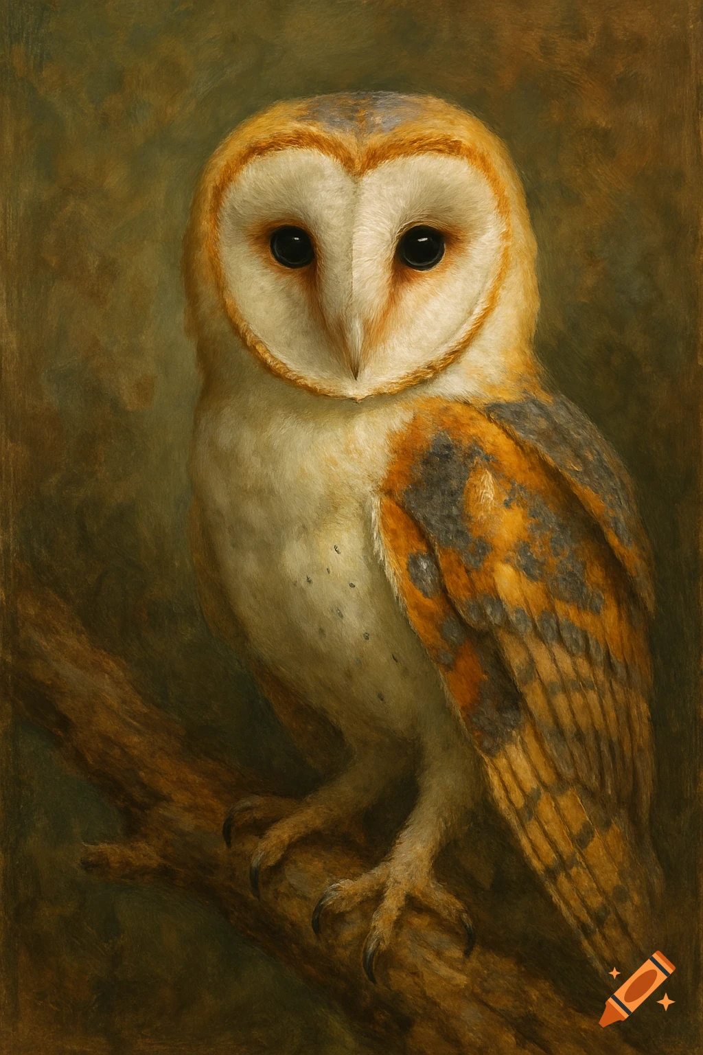A painterly portrait of a barn owl perched on a branch, looking forward.