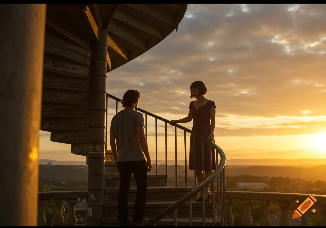 Man and woman on a spiral staircase looking at each other during a golden sunset over a landscape.